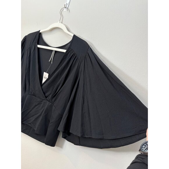 NEW Anthropologie Flutter-Sleeve Draped V-Neck Blouse Top Black Large Faux Wrap - Picture 5 of 12